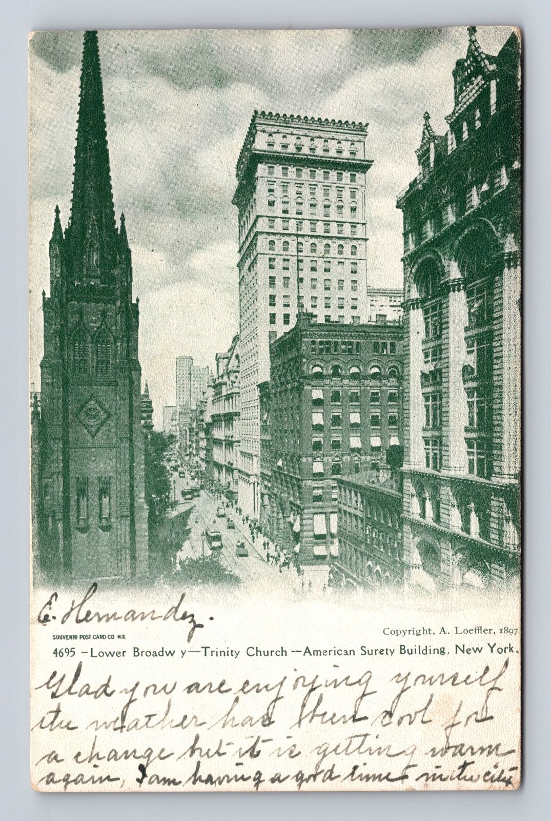 New York City NY, Lower Broadway Trinity Church Vintage c1908 Souvenir Postcard
