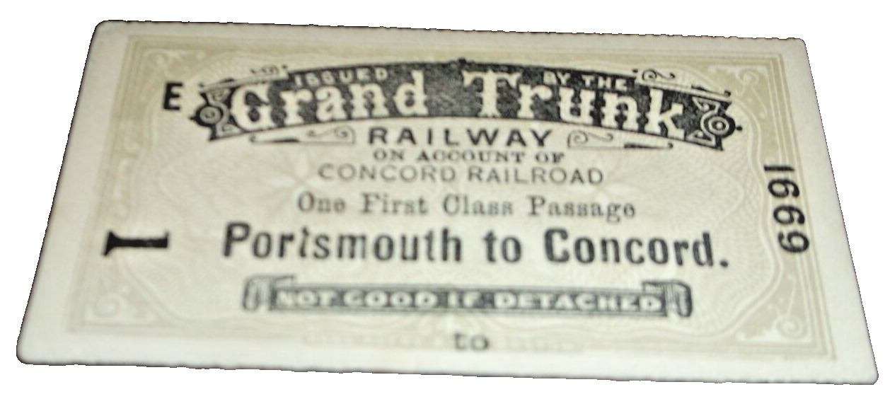 1880\'s GRAND TRUNK RAILWAY TICKET PORTSMOUTH TO CONCORD TICKET