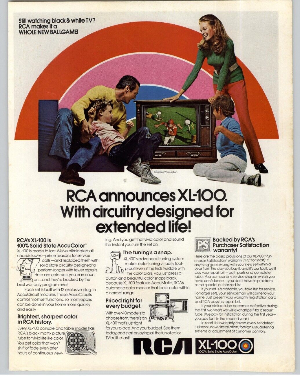 1971 RCA XL-100 Cabinet TV Vintag Print Ad Family Watching Football Photo 