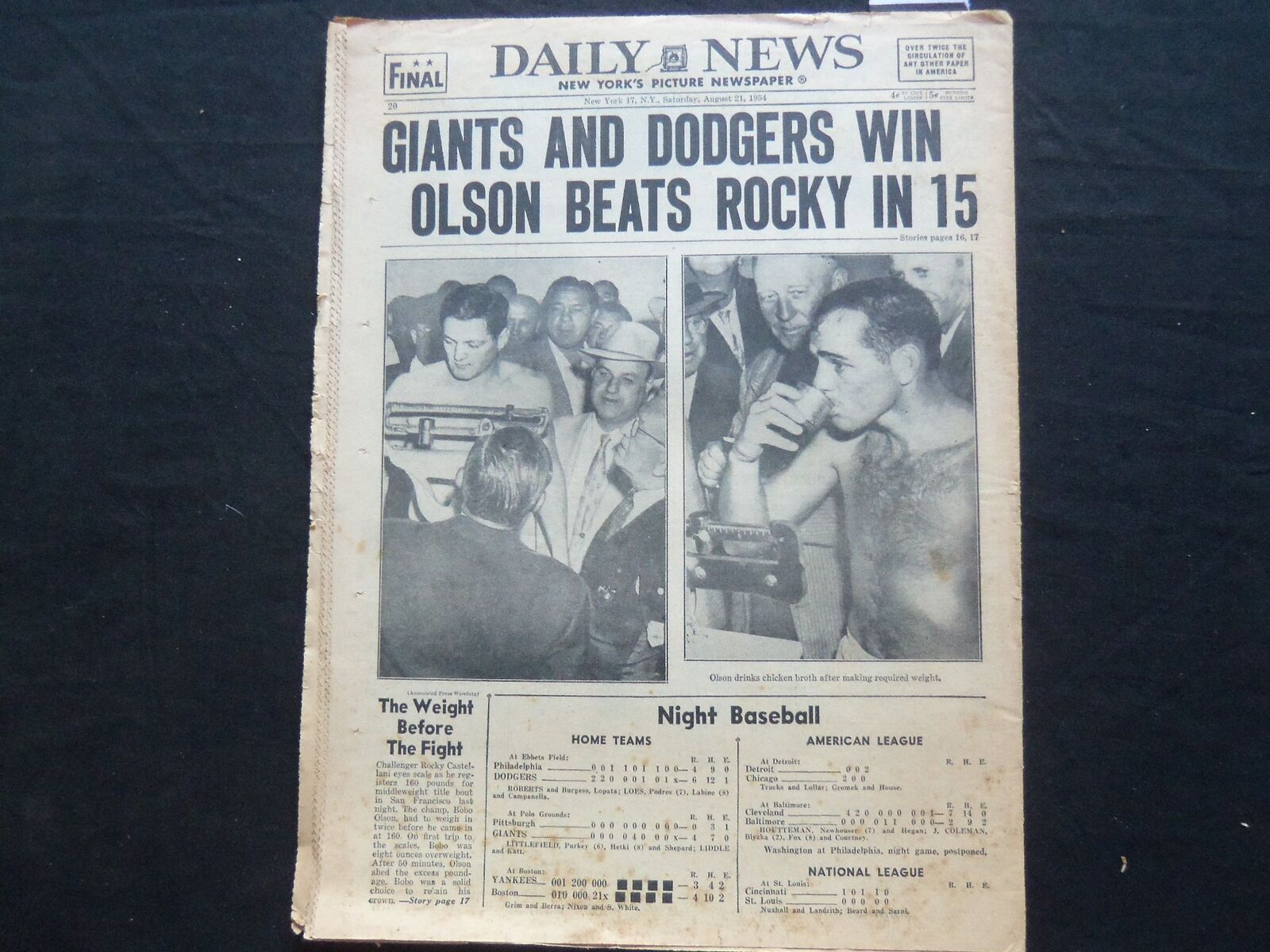 1954 AUGUST 21 NY DAILY NEWS NEWSPAPER - OLSON BEATS ROCKY IN 15 - NP 2503