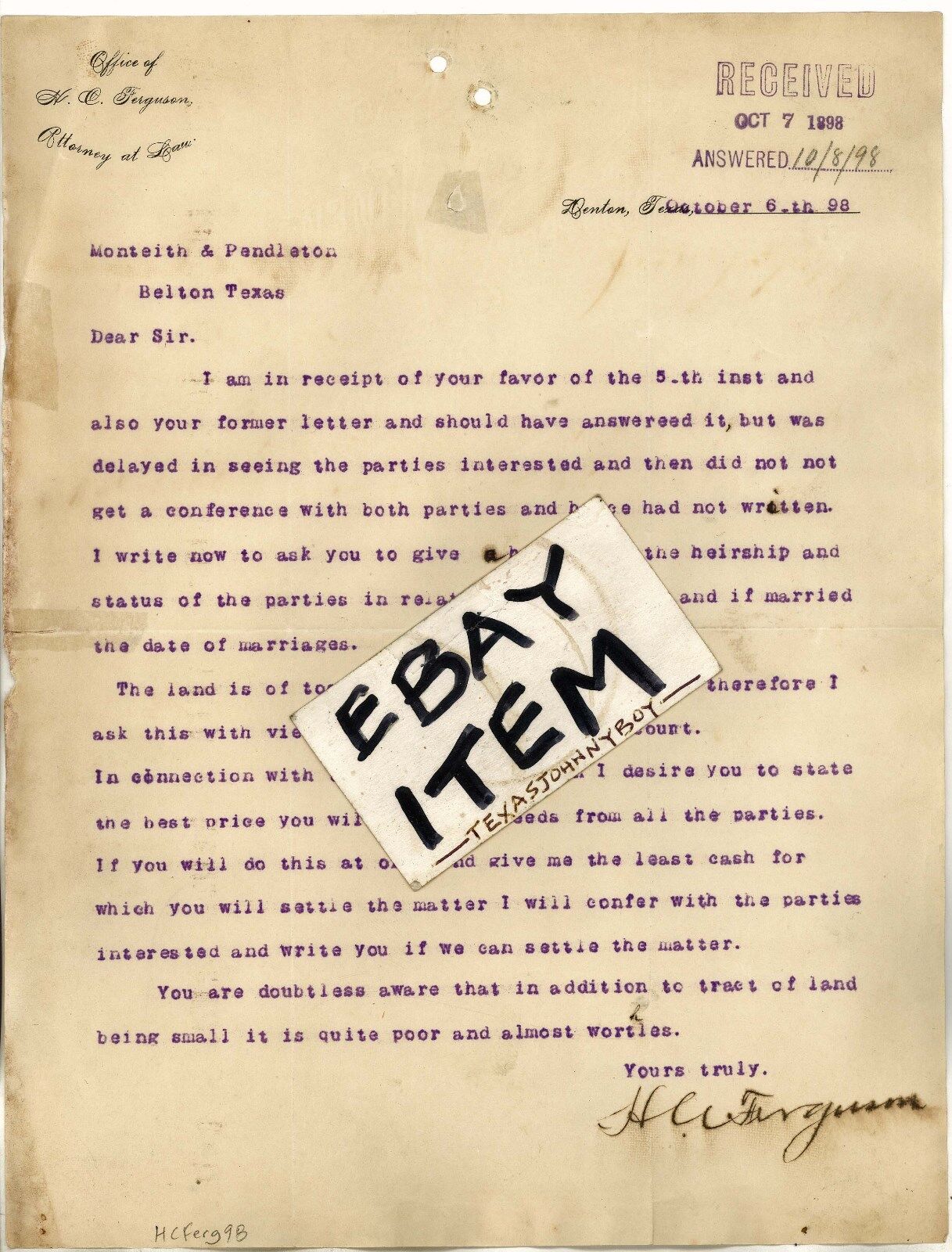 1898 LETTERHEAD Denton Texas H. C. FERGUSON lawyer ATTORNEY AT LAW letter