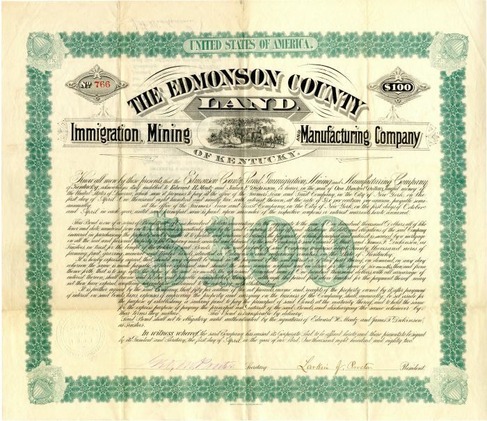 Edmonson County Land, Immigration, Mining and Manufacturing Co. - $100 Bond - Mi