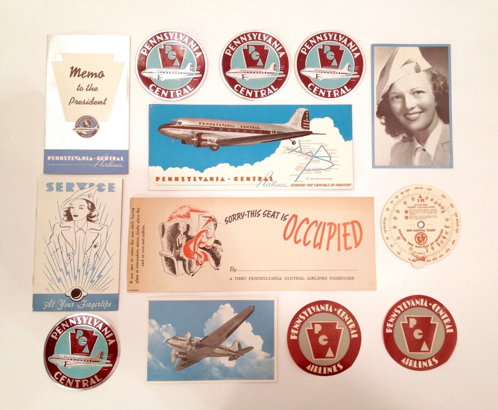 Vintage Pre 1947 Pennsylvania Central Airlines 13 Item Lot All Nice Shape RARE