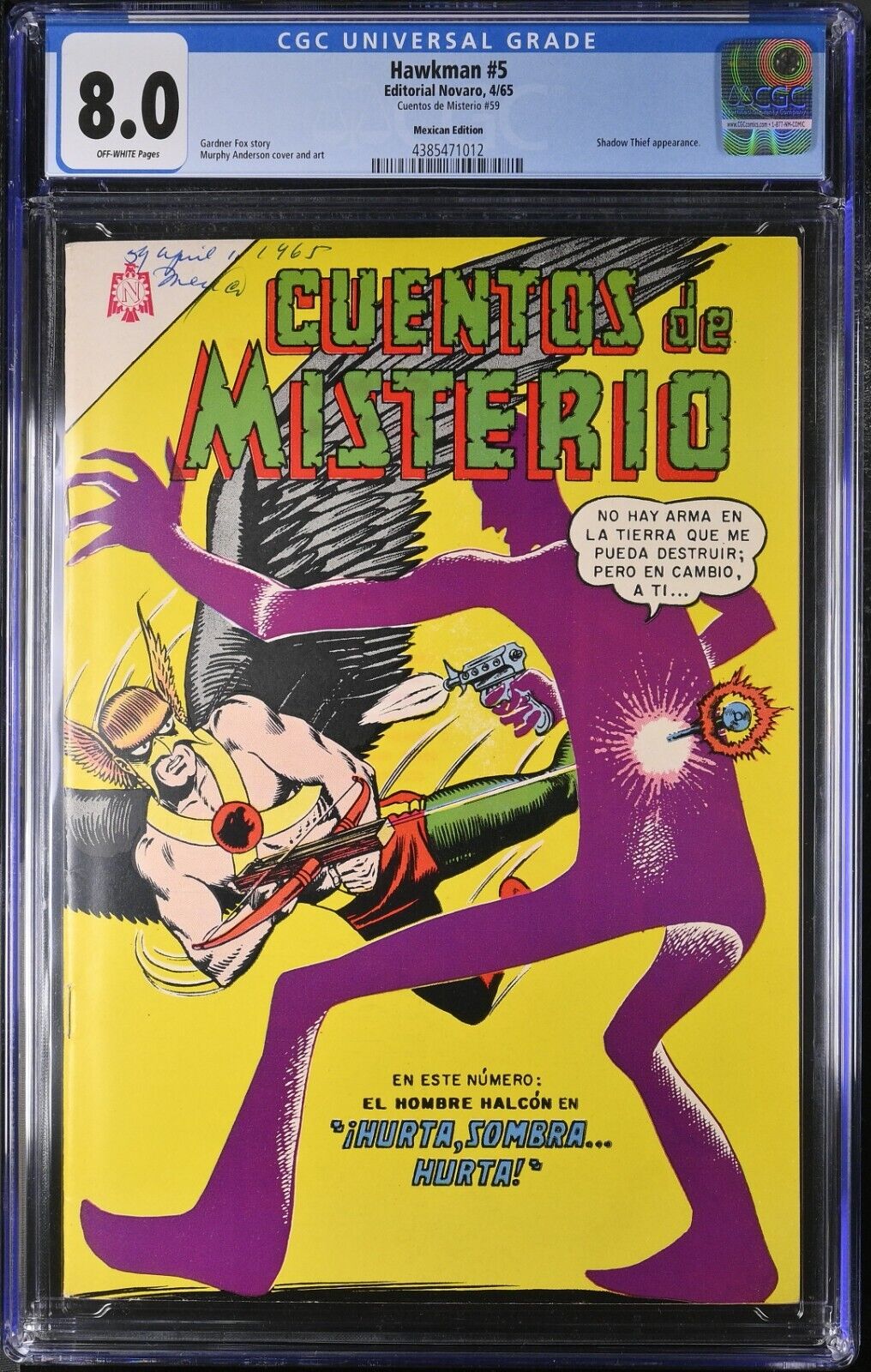 Hawkman #5 CGC 8.0 Cuentos de Misterio #59 Mexican Edition Novaro Mexico 1965