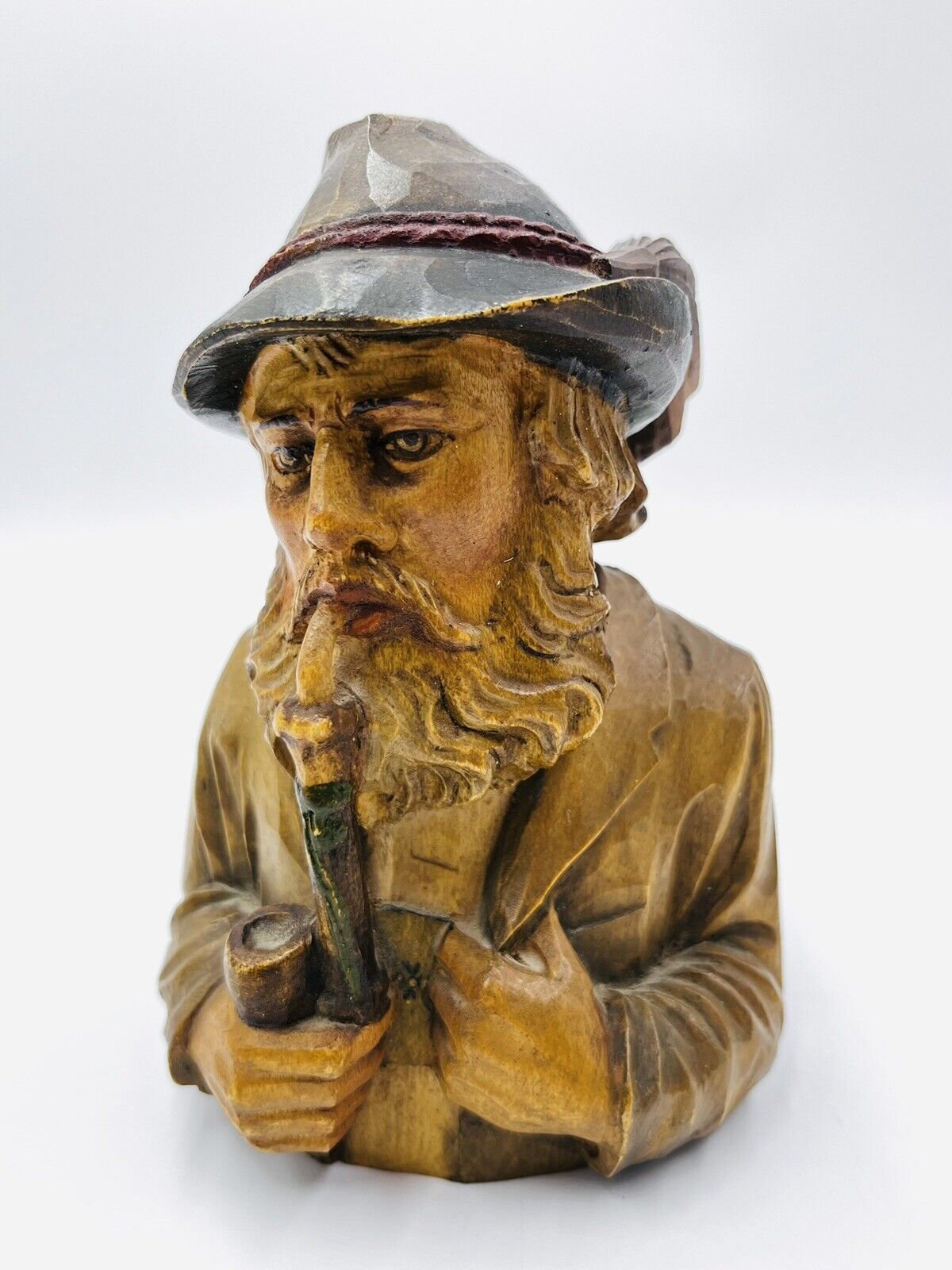 Vintage Maeder Lucerne Swiss Hand Carved Wood Carving Man Hat Pipe Switzerland