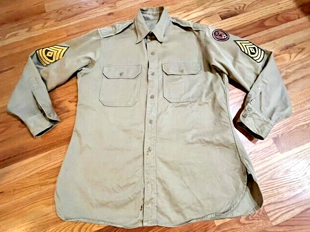 Vintage Post WW2 Korean War 1952 USAAF  Khaki Cotton Officer Shirt w/ patches