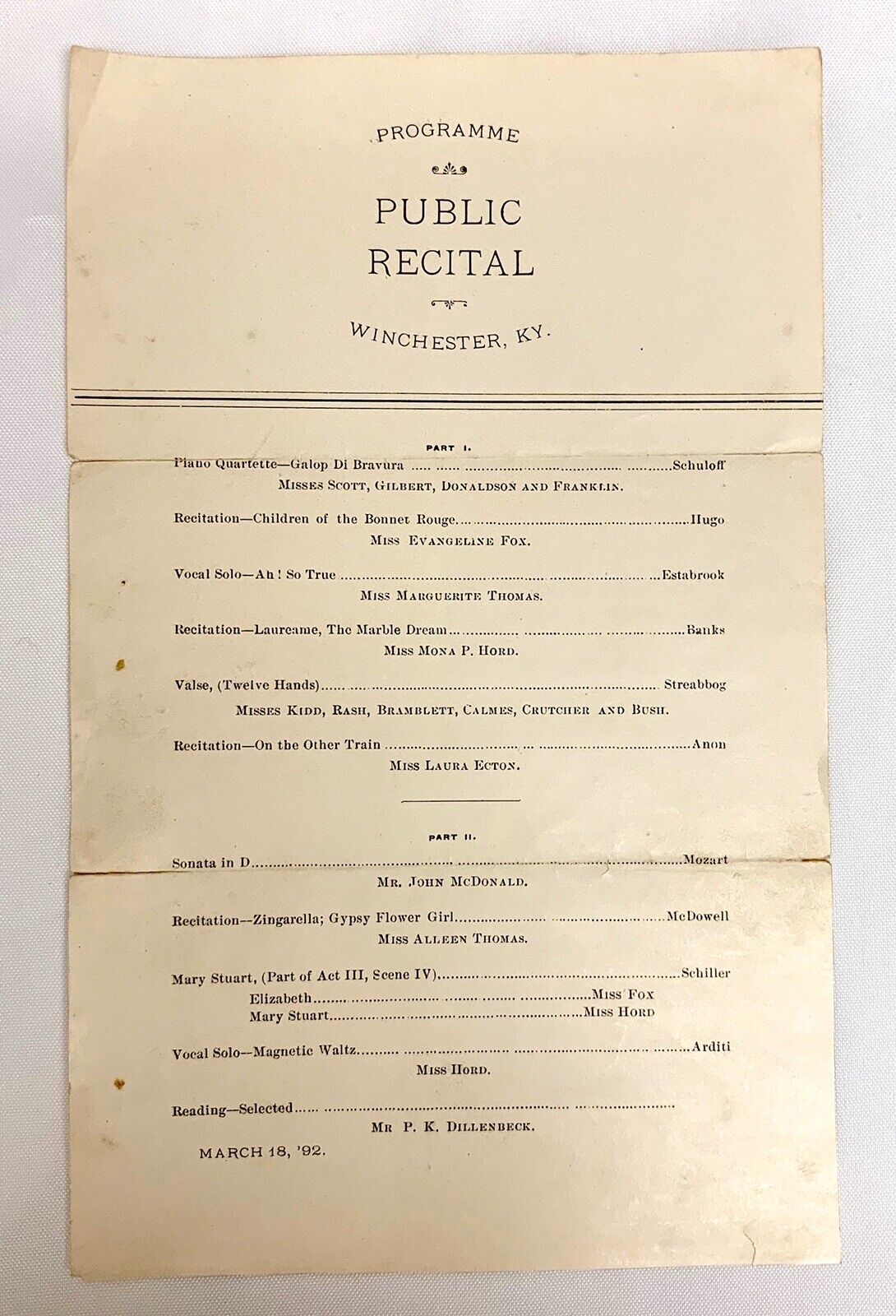 Winchester Kentucky 1892 Public Recital Programme Program Music Entertainment 