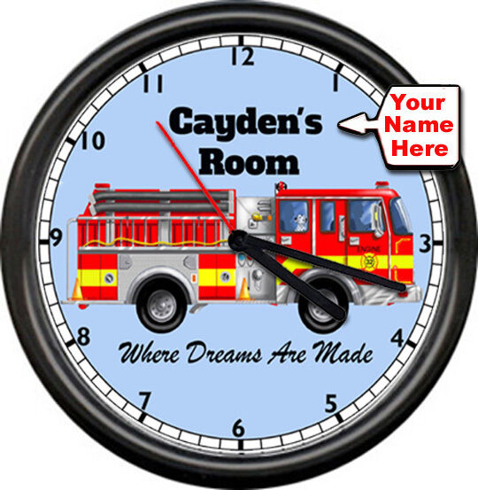 Fire Station Fire Fighter Truck Boy\'s Room Personalized Name Sign Wall Clock NEW