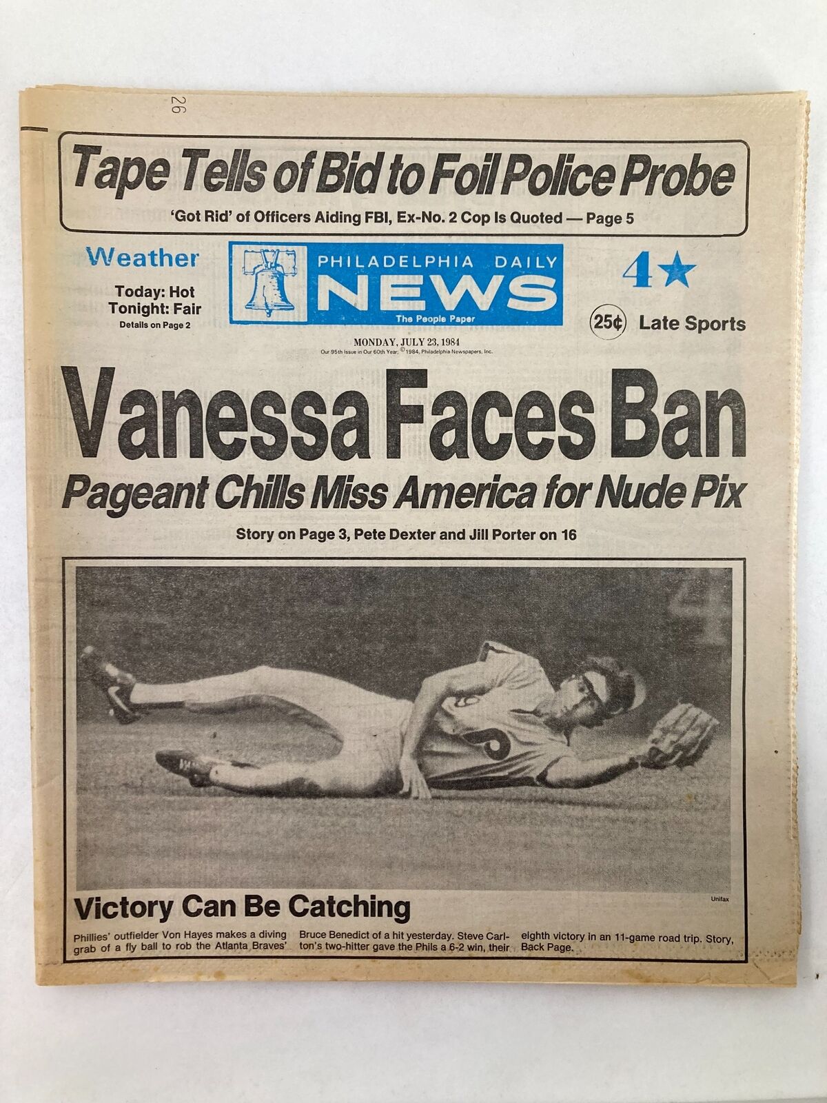 Philadelphia Daily News Tabloid July 23 1984 Phillies\' Outfielder Von Hayes