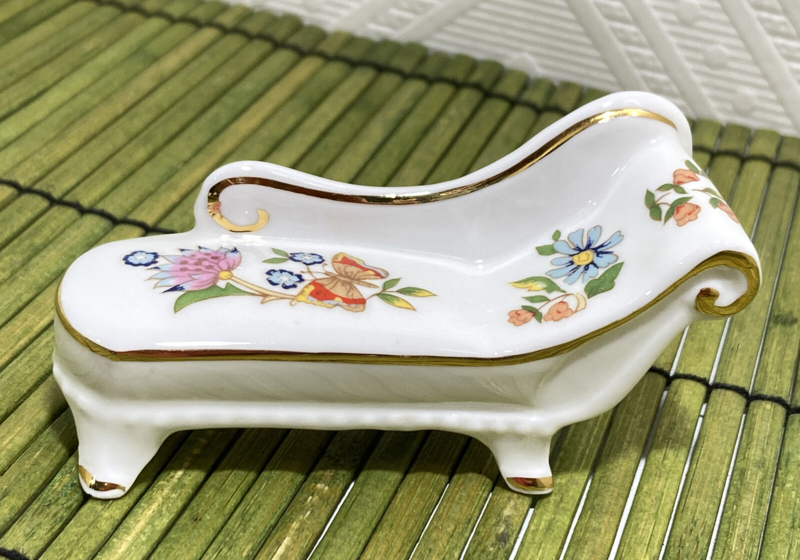 Aynsley Miniature Porcelain Chaise Lounge Couch England Butterfly Flowers 3\