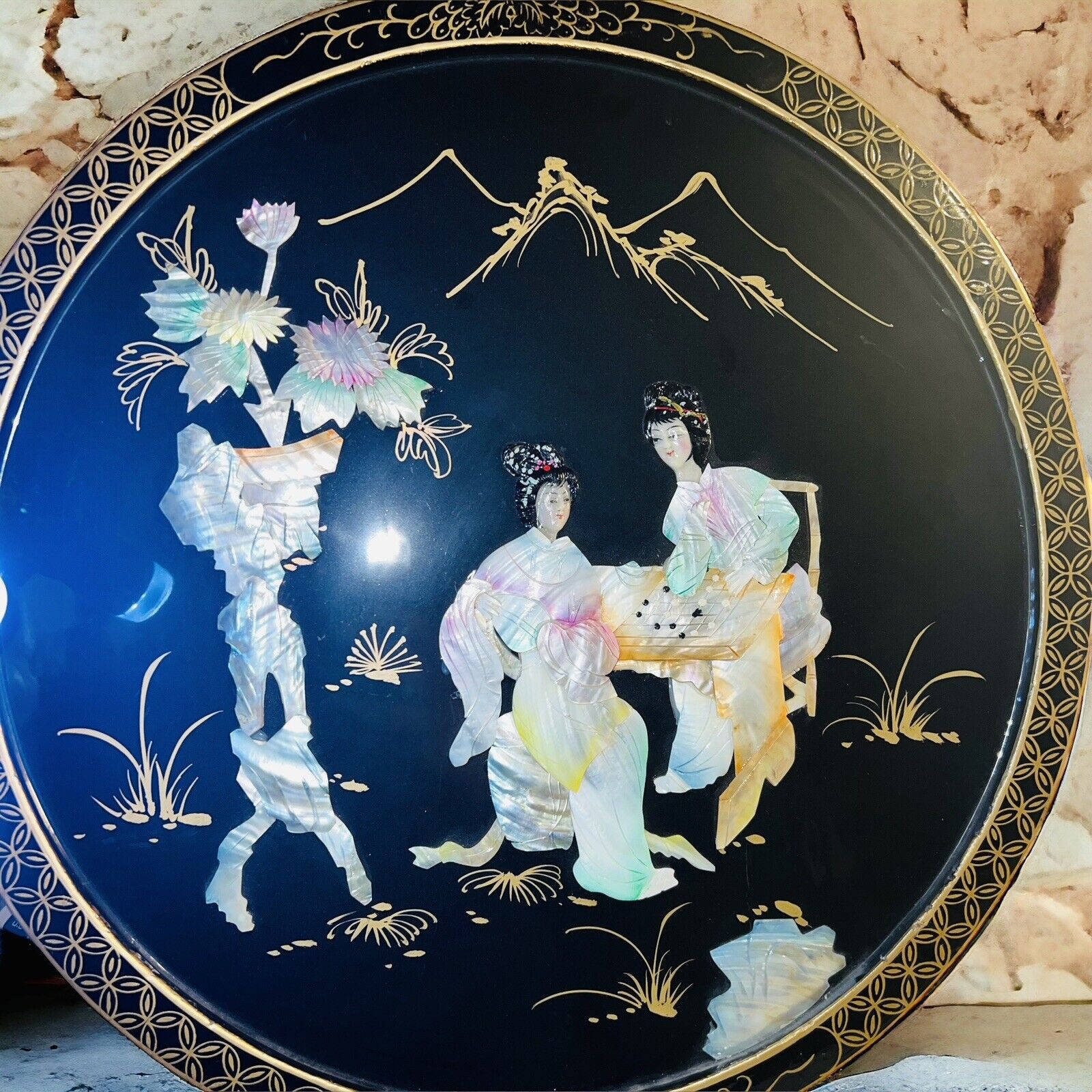 Antique Chinese Black Lacquer Rainbow Mother Of Pearl Art Piece Round 20X20”