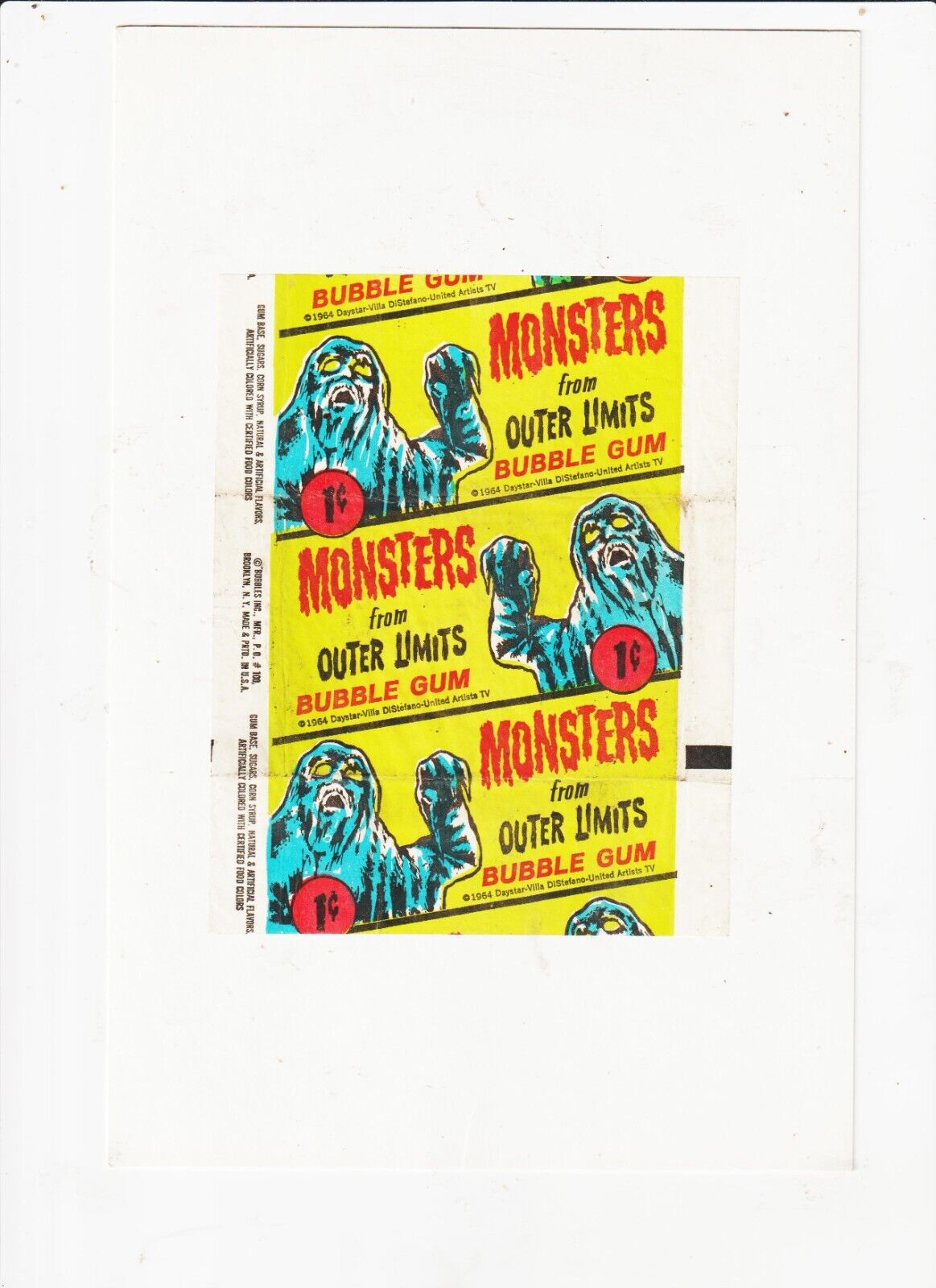 MONSTERS FROM OUTER LIMITS 1964 TOPPS CARDS  1 CENTS WAX WRAPPER  / WRAPPER ONLY