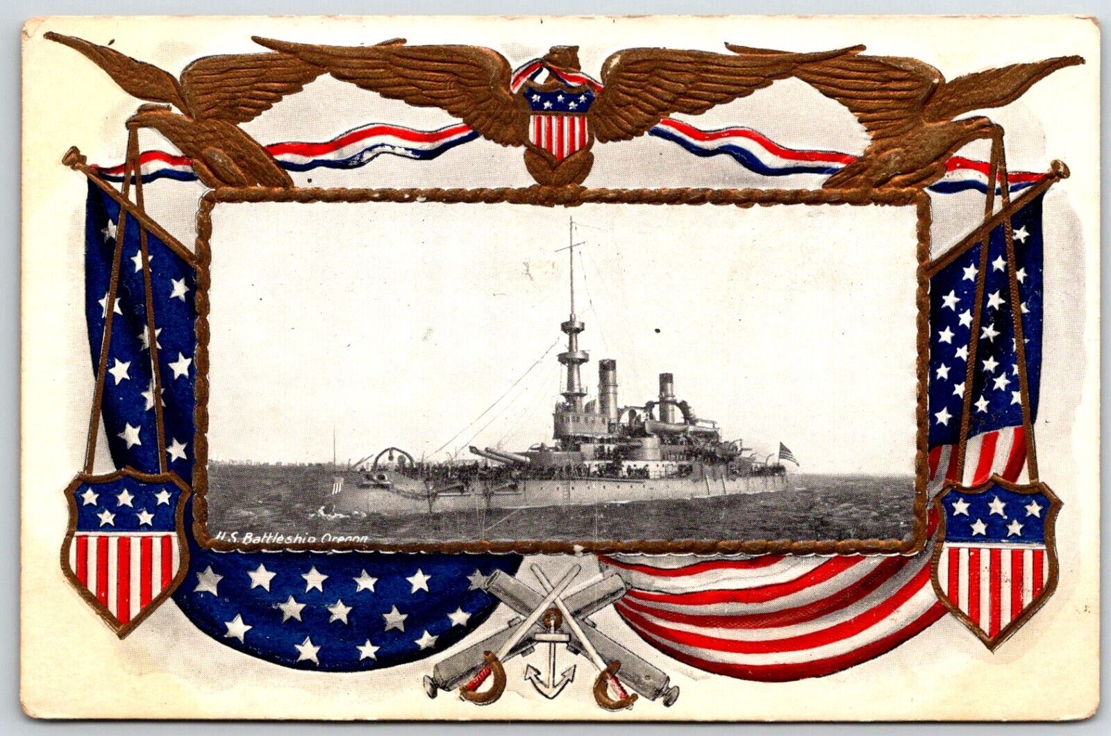 us battleship oregon flag vintage postcard embossed unposted