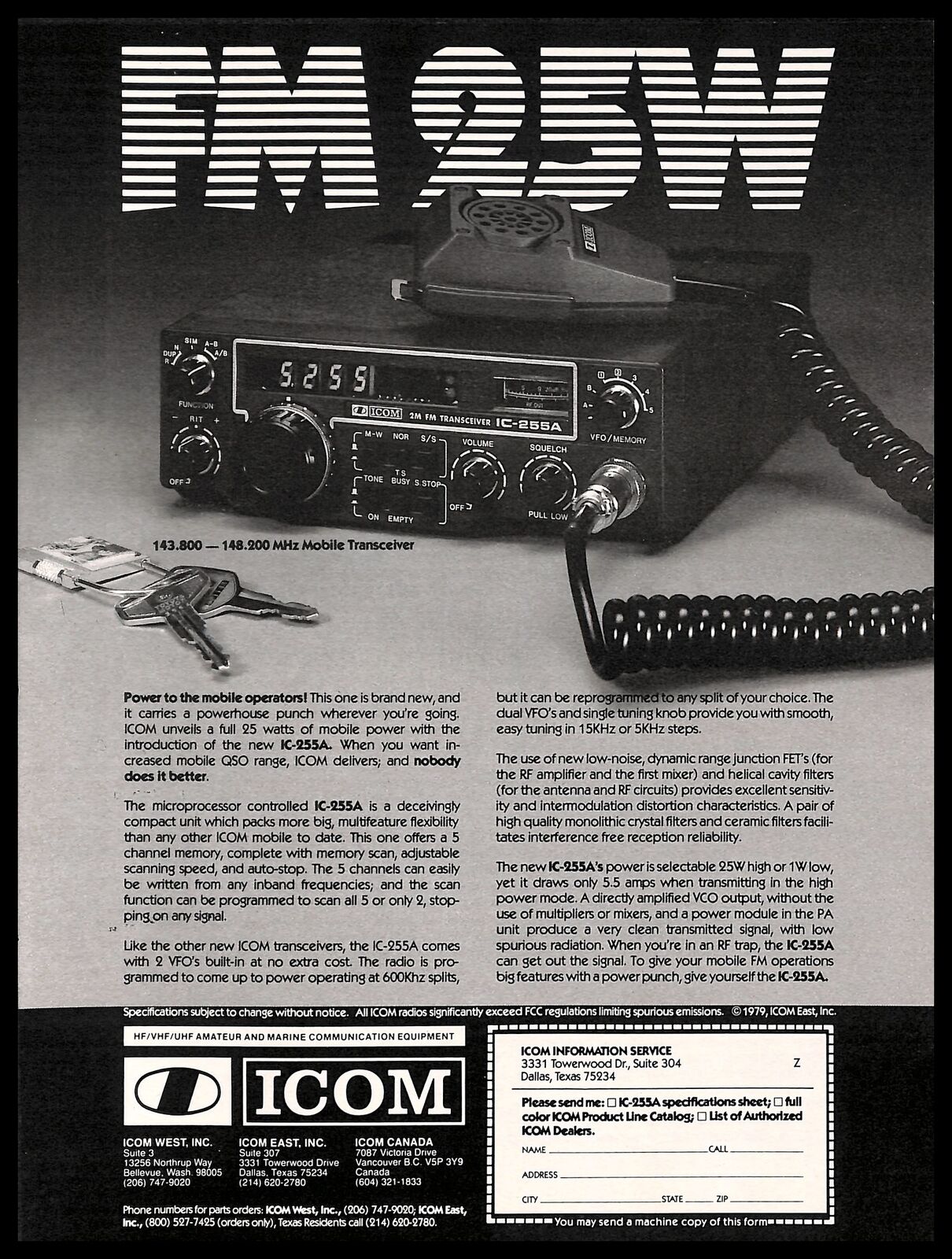 1979 ICOM IC-255A Amateur Radio FM Transceiver Vintage PRINT ADVERTISEMENT B&W