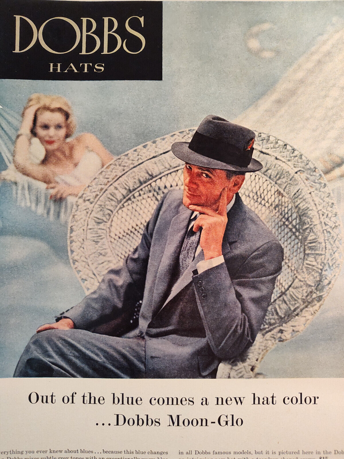 1957 Esquire Original Art Ad Advertisement DOBBS Hatters HATS Moon Glo