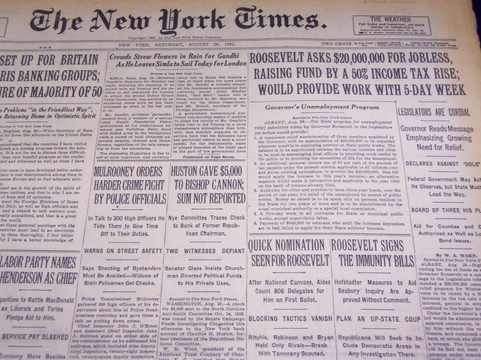 1931 AUGUST 29 NEW YORK TIMES - ROOSEVELT ASKS $20,000,000 FOR JOBLESS - NT 2435
