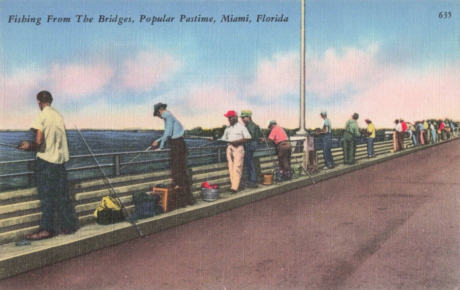 Miami FL Florida, Fishing from Bridges, Popular Pastime, Vintage Postcard