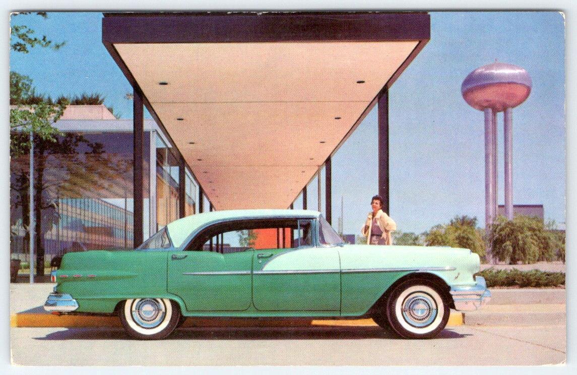 1956 PONTIAC 4 DOOR CATALINA HIALEAH OVER GLENDALE GREEN CLASSIC CAR POSTCARD