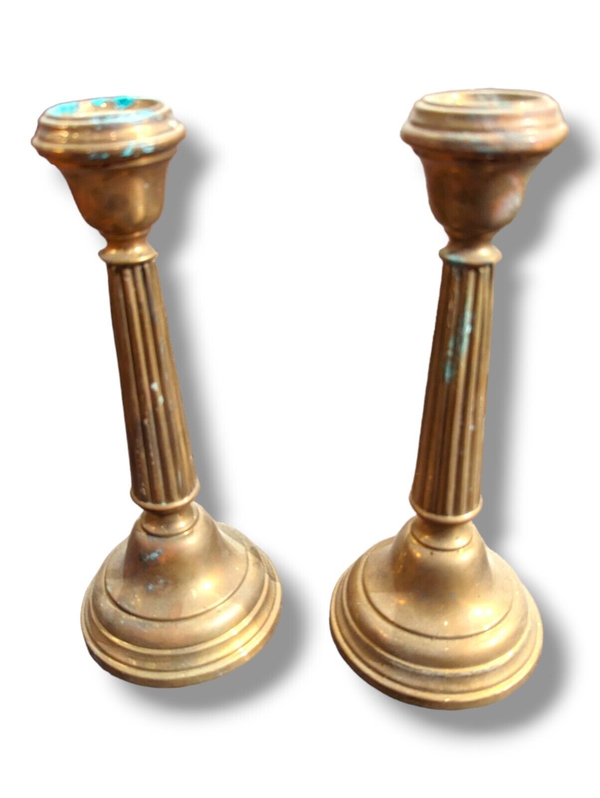 Pair of Antique Brass Candlesticks,  Weighted, Column Fluted 8.5\