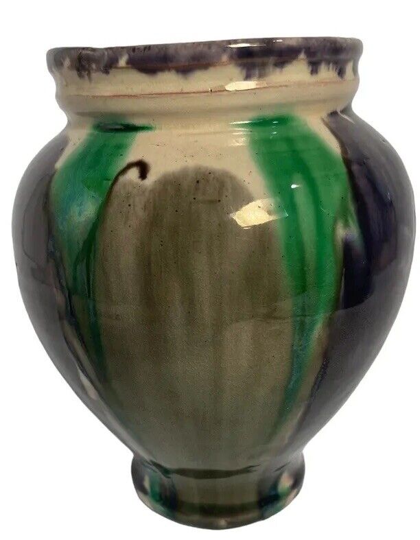 Studio Pottery Vase Mexico Purple Green Gray Drip Glaze Signed 5.5 Inches