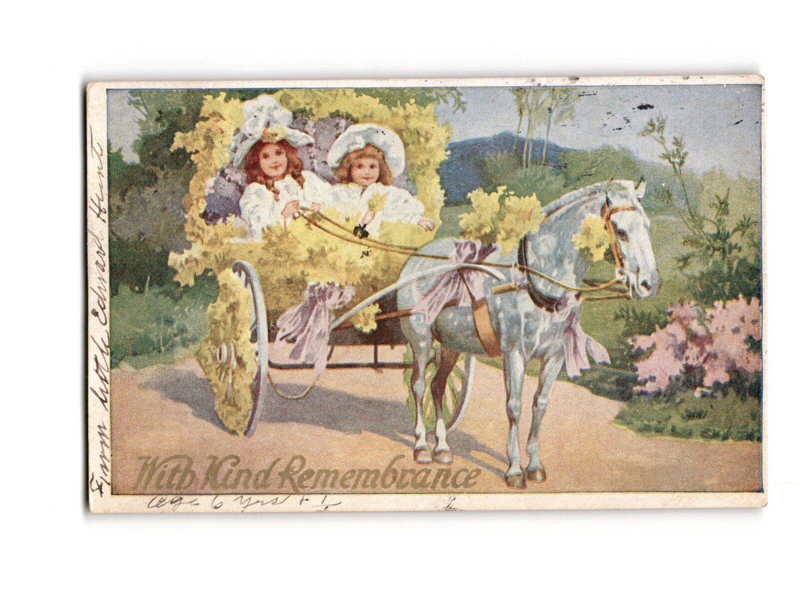 1909 Vintage Postcard 'With Kind Remembrance' - Children in Horse-Drawn Carriage