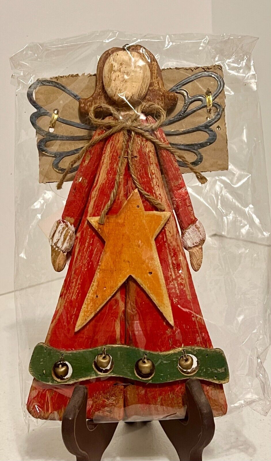 Wooden angel with metal wings Tree Ornament 10'' Tall New Factory Sealed