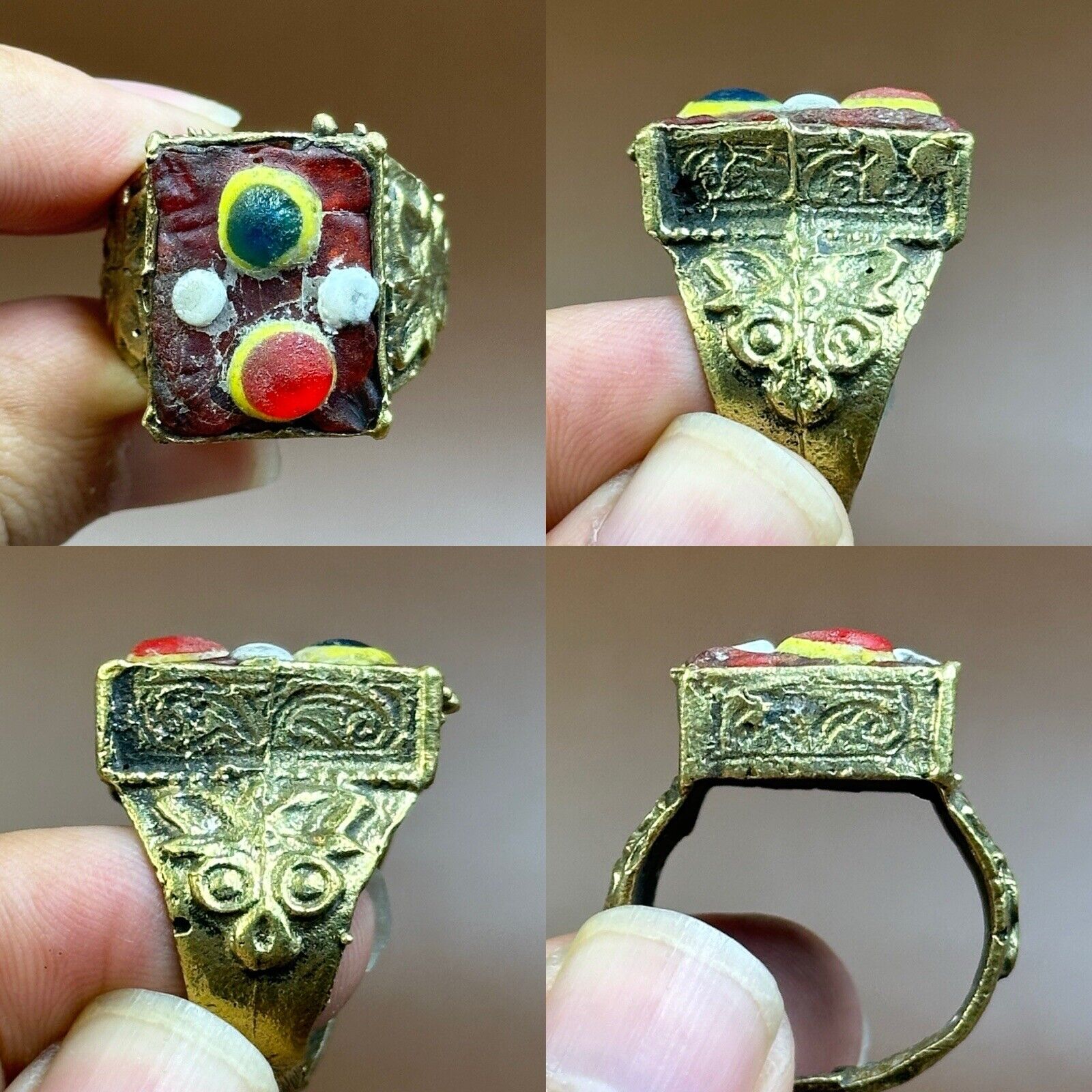 Wonderful Ancient Roman Mosaic Glass Unique Pattern Bronze Ring