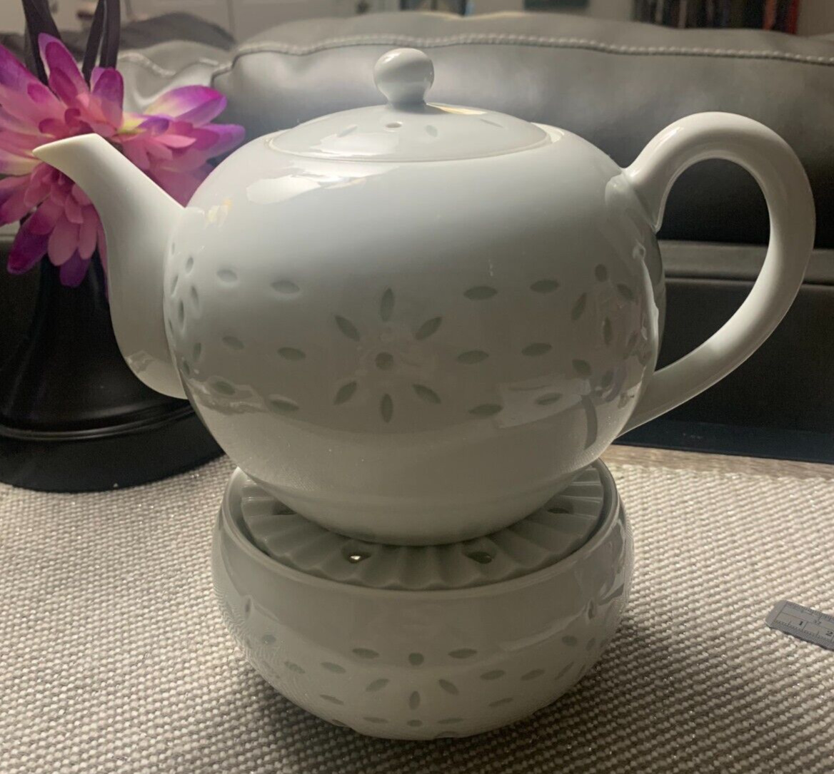 Vintage Porcelain Rice China Tea Pot with Tealight Warmer - Circa 1980s