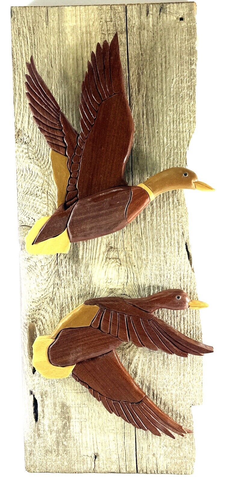 Vintage Wooden Ducks In Flight On Natural Wood Wall Art 22” Tall 9” Long