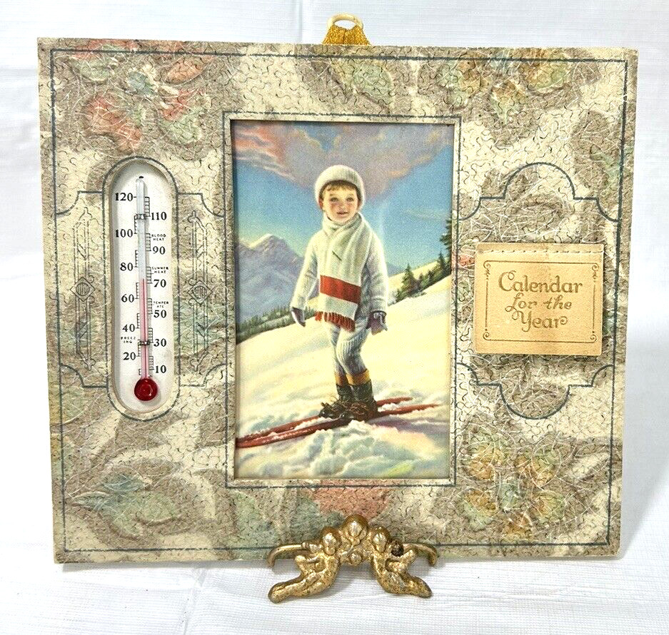 Antique 1932 Calendar Full Year  Photo Frame Cute Boy Skiing W Thermometer