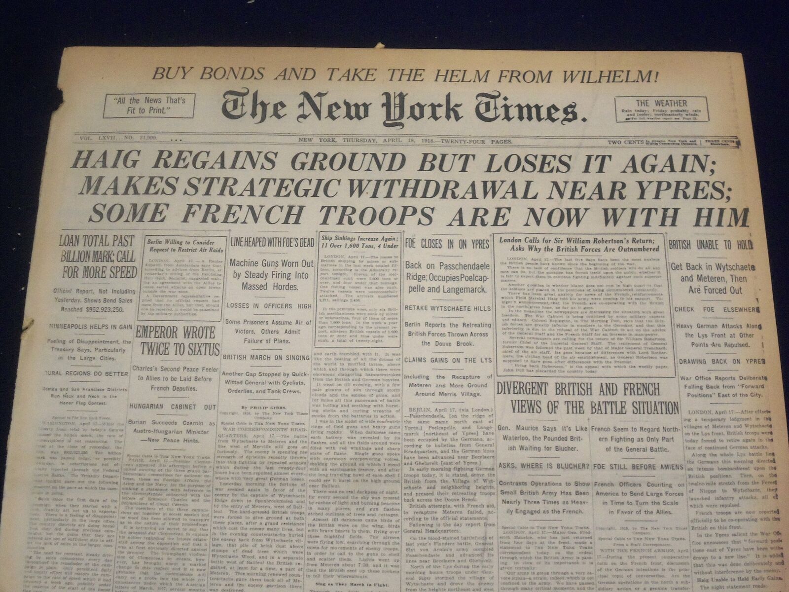 1918 APRIL 18 NEW YORK TIMES - HAIG REGAINS GROUND BUT LOSES IT AGAIN - NT 8224
