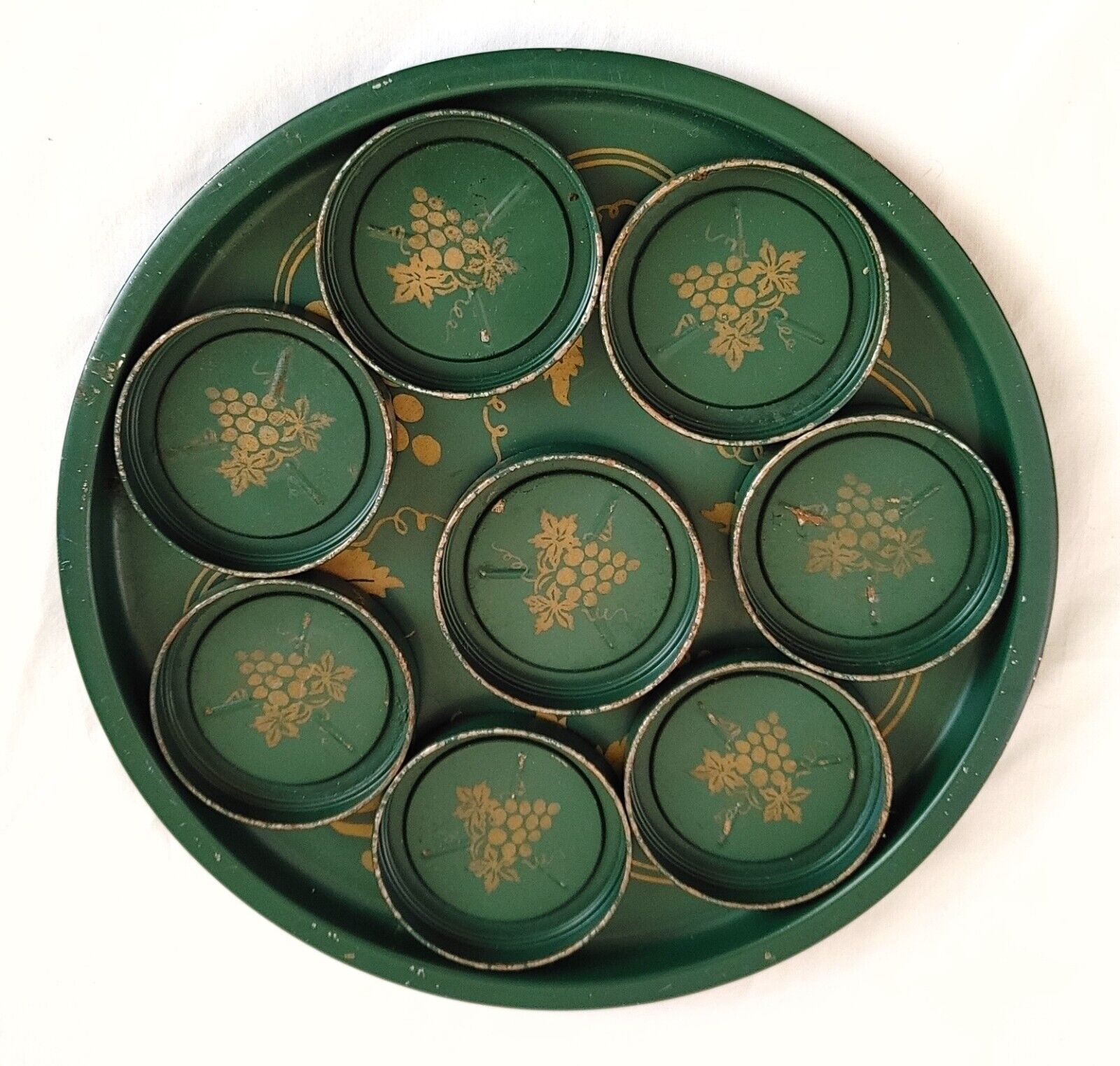 Vintage MCM Green Serving Tray with Drink Holder Coasters Metal Toleware Grapes