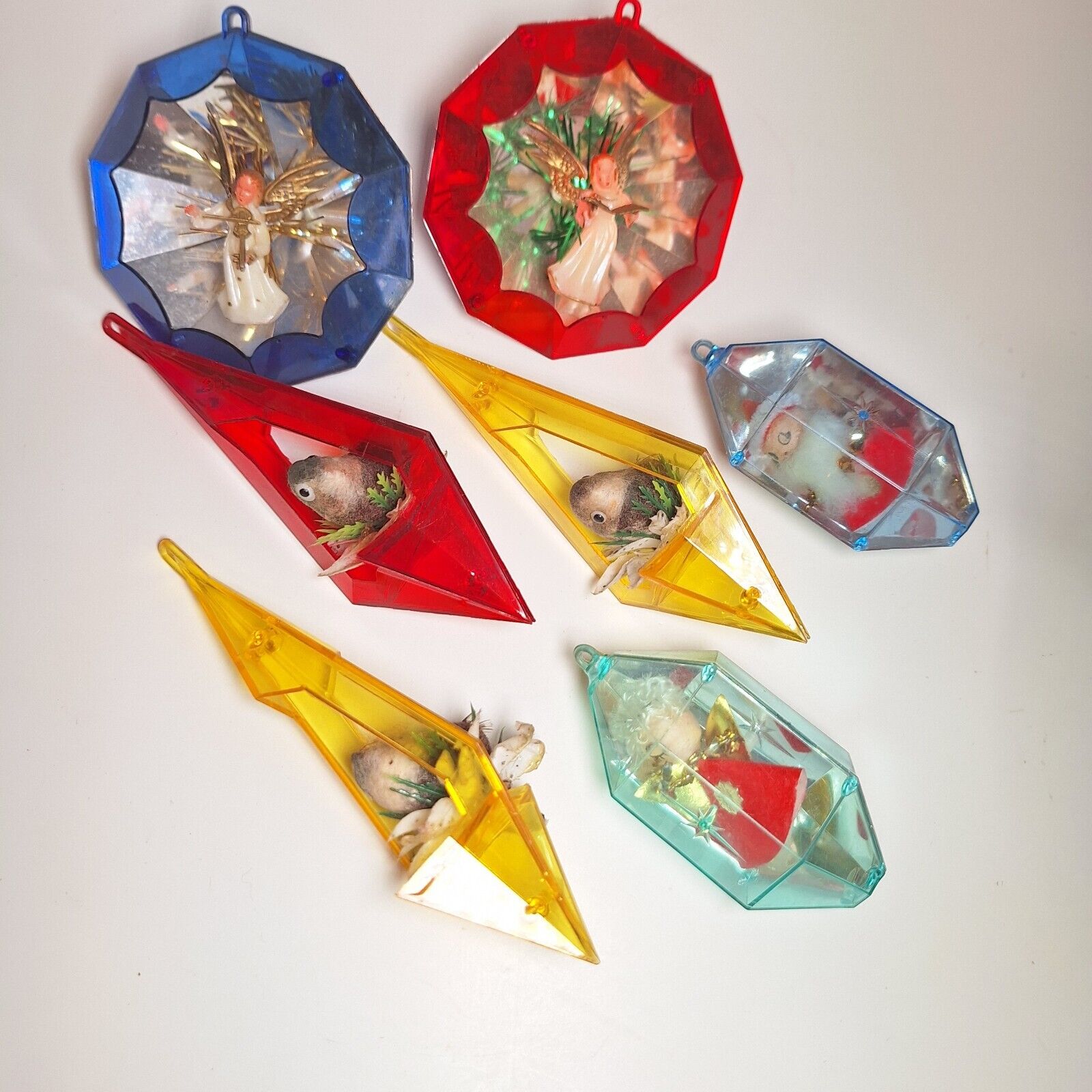 Vtg Jewelbrite Diorama Lot of 7 Plastic Christmas Ornaments Angels Santa Bird