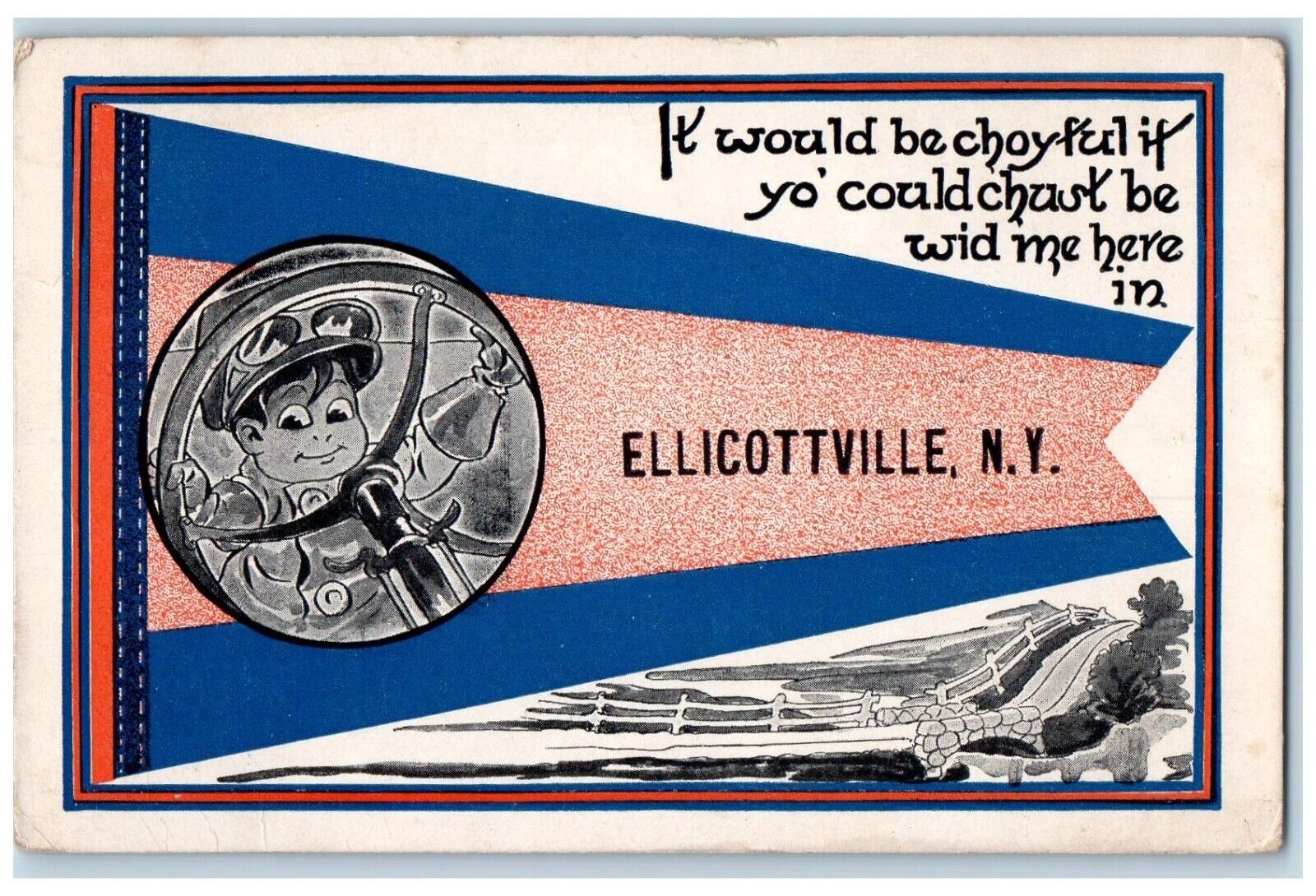 1914 It Would Be Choyful Ellicottville New York NY Dutch Kids Pennant Postcard
