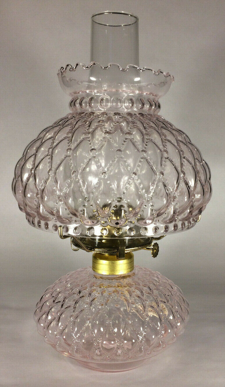 New Complete Pink Crystal Glass Diamond Quilted Oil Lamp w/ Shade,Chimney,Burner