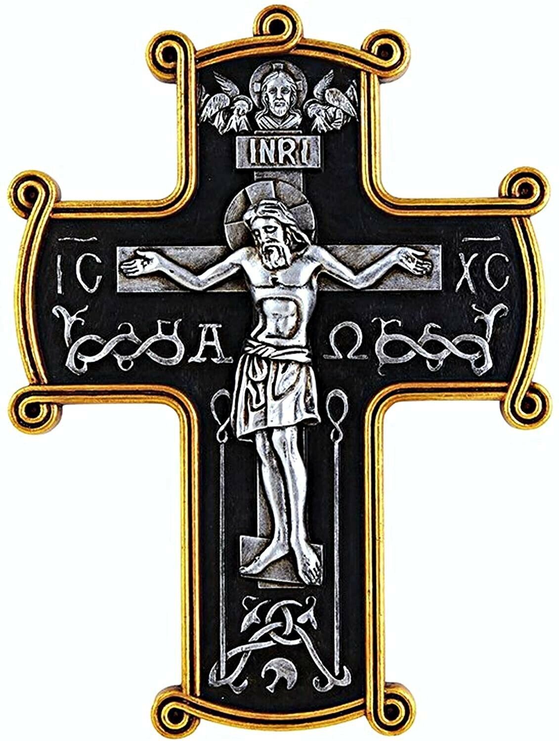  Crucifix Wall Cross, Black and Gold Tone Catholic Hanging Wall Decor, 8 Inch