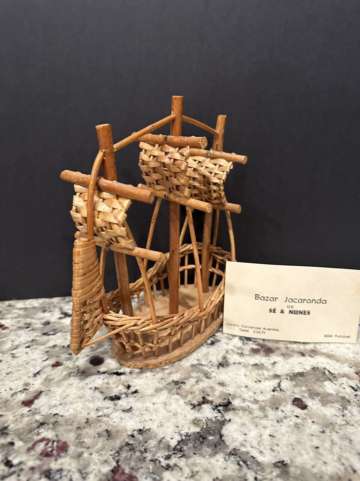 Handmade Vintage Portugal Wicker Ship With 3 Masts