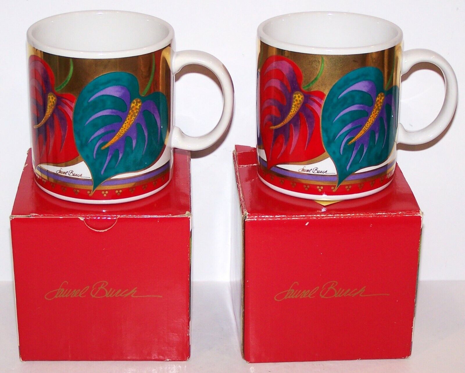 GORGEOUS PAIR OF LAUREL BURCH ANTHURIUM FLORAL COFFEE MUGS IN BOXES