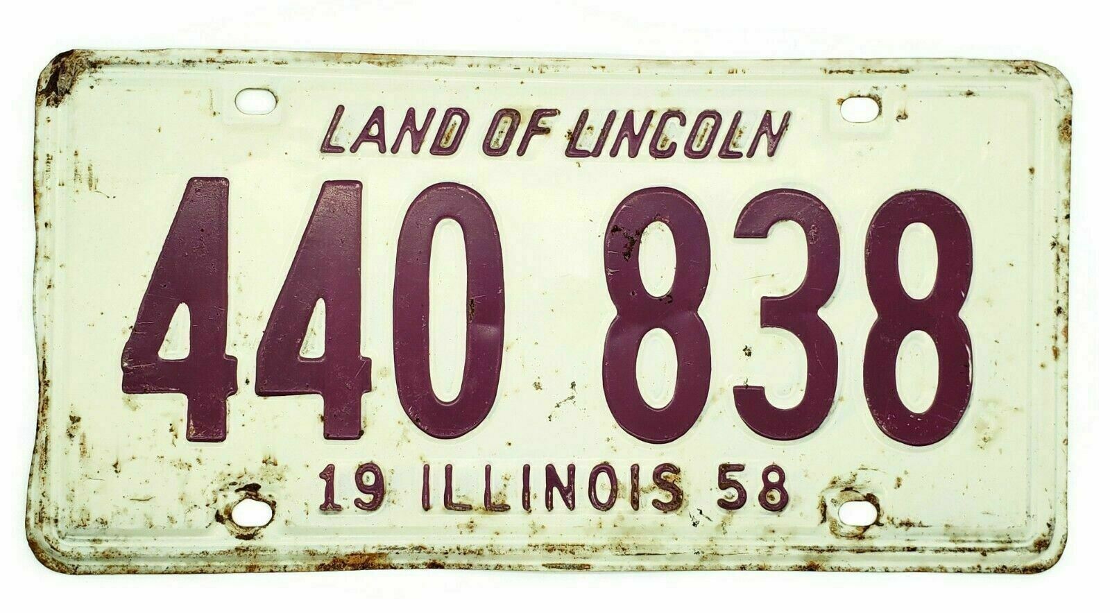 Vintage 1958 Illinois License Plate Car Tag Land Of Lincoln 440-838 White Purple
