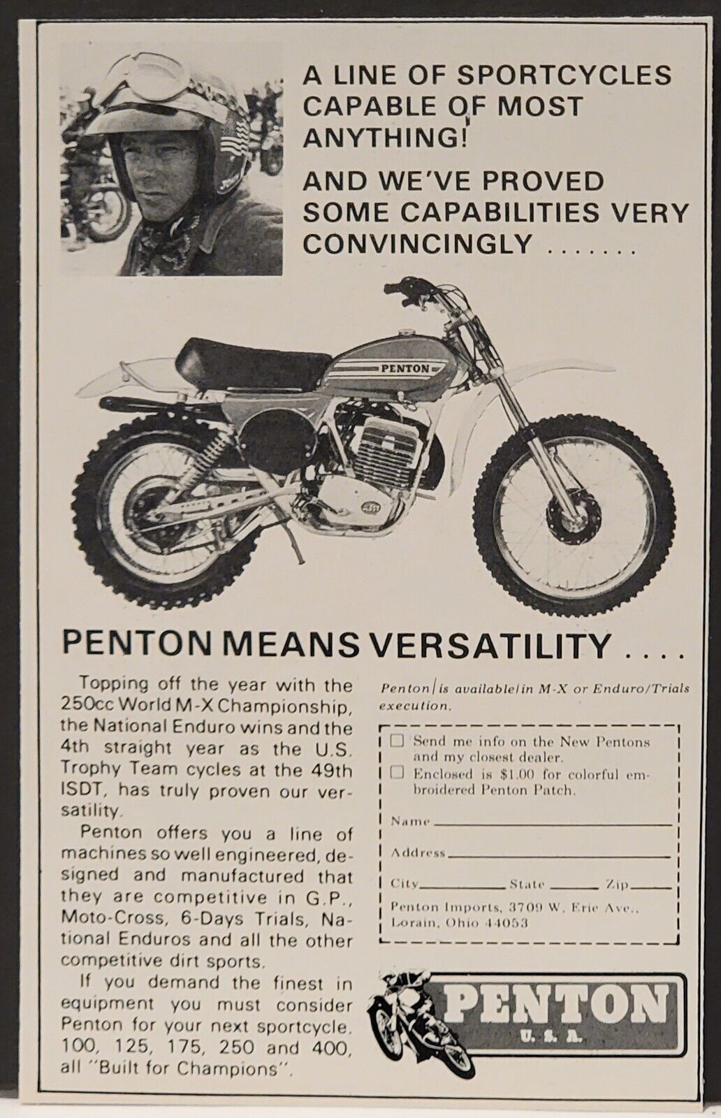 1974 Penton 250 Motorcycle Print Ad Tom Penton ISDT Winner