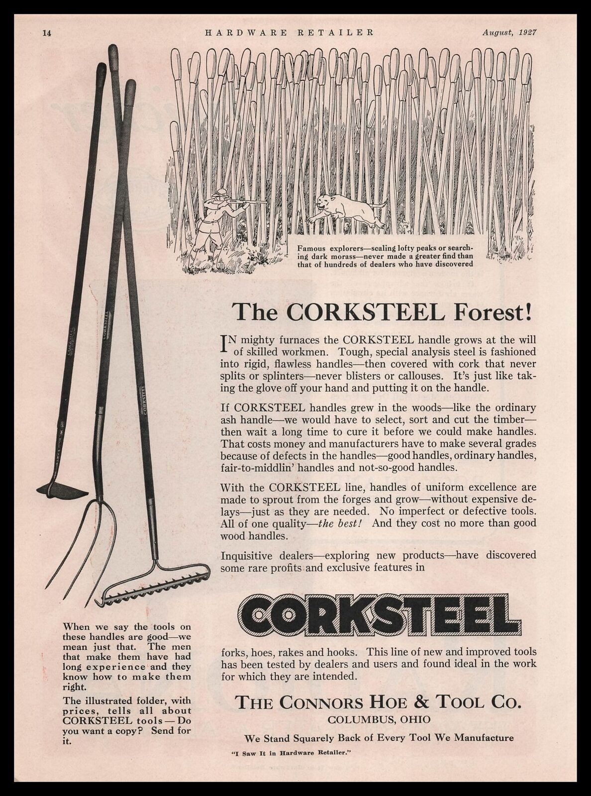 1927 Connors Hoe Tool Columbus Ohio Corksteel Handles Forest Hunter Cat Print Ad