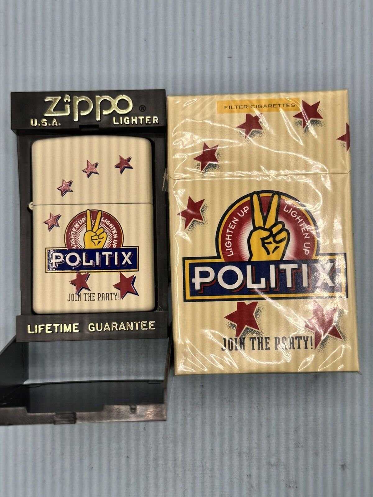 1997 Politix Join The Party Cream Matte Zippo Lighter NEW Collectible Pack Empty
