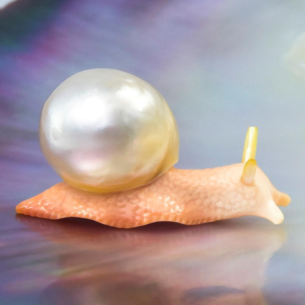South Sea Baroque Pearl & Carved Apricot Syrix Trumpet Shell Snail Design 5.60 g