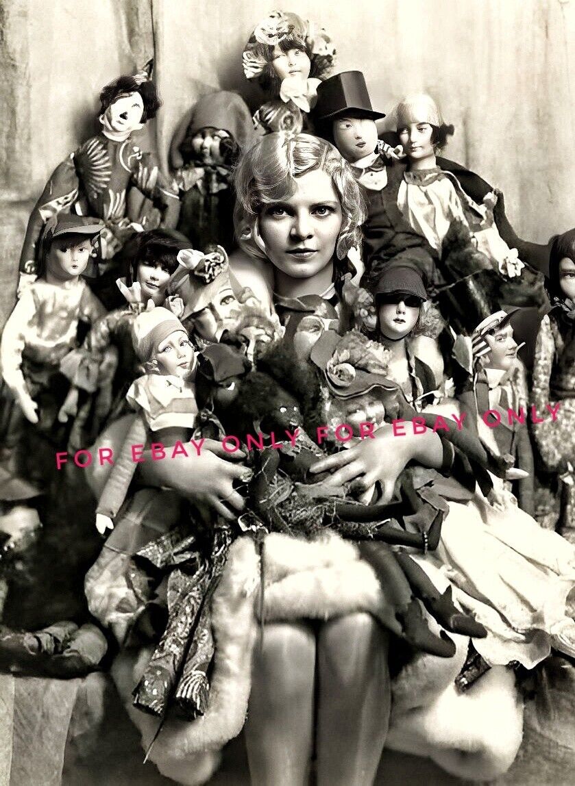 Vintage Old 1920's Photo reprint Woman Sitting with Dozens of DOLLS Funny Faces