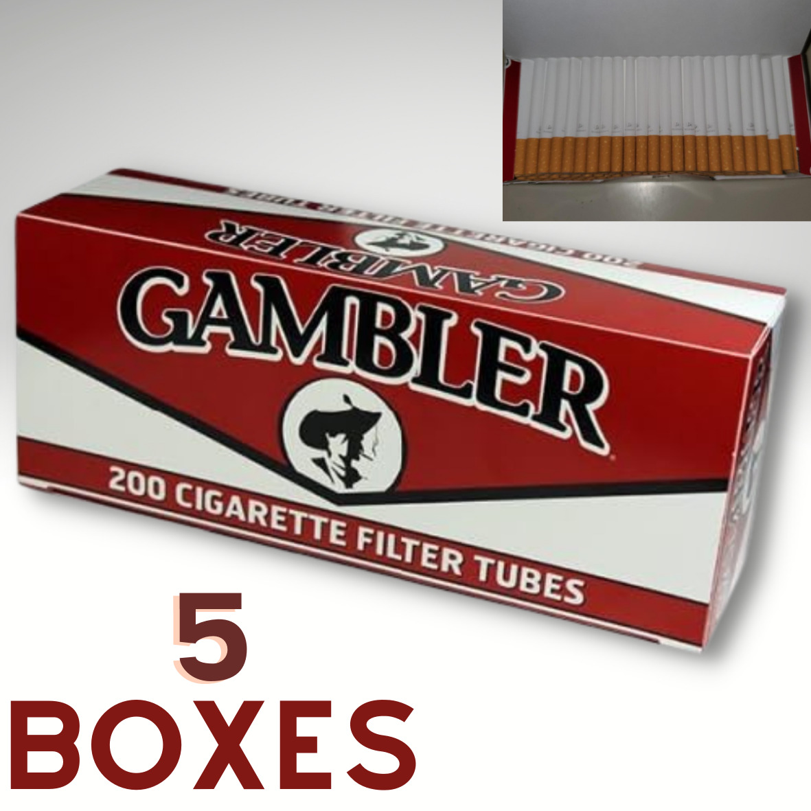 Gambler Regular King Size Cigarette Tubes (5 Boxes) 200ct Box Classic Brand