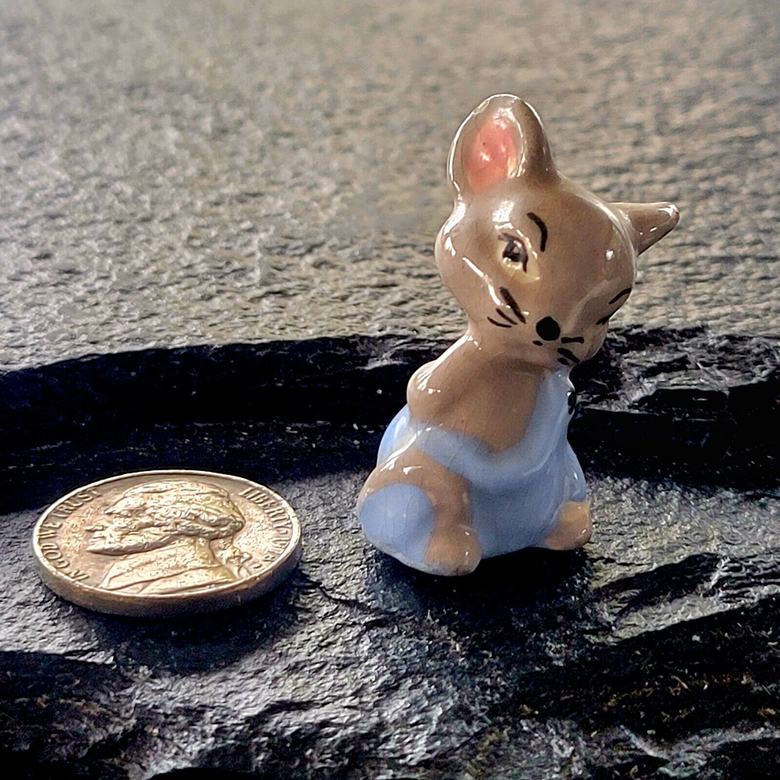 Vintage Country Mouse Miniature Anthropomorphic Figurine w. Blue Overalls Japan