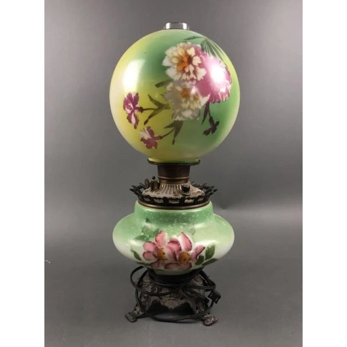 Antique Victorian Hand Painted Chrysanthemum Gone With The Wind Lamp GWTW