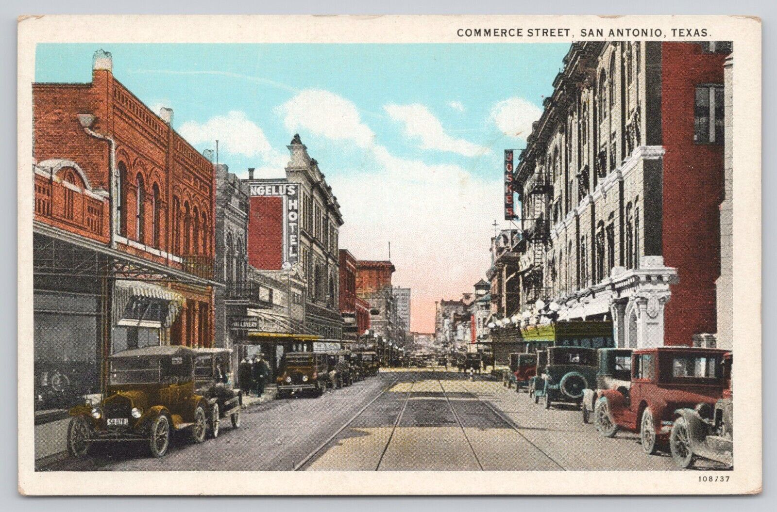 San Antonio Texas TX Commerce Street Lined with Old Cars Hotel Vintage Postcard