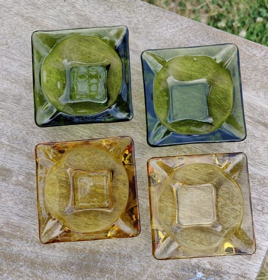 Vintage Emerald Green and Amber Glass Square Ashtray 3.25\