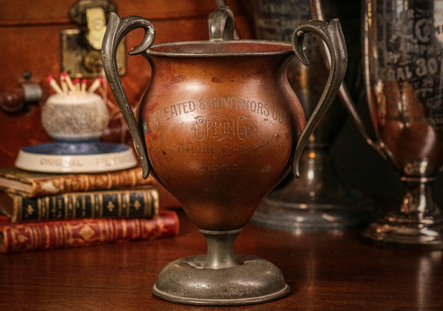 Wonderful Large Copper Silverplate Antique Triple Handle Trophy Atlantic City